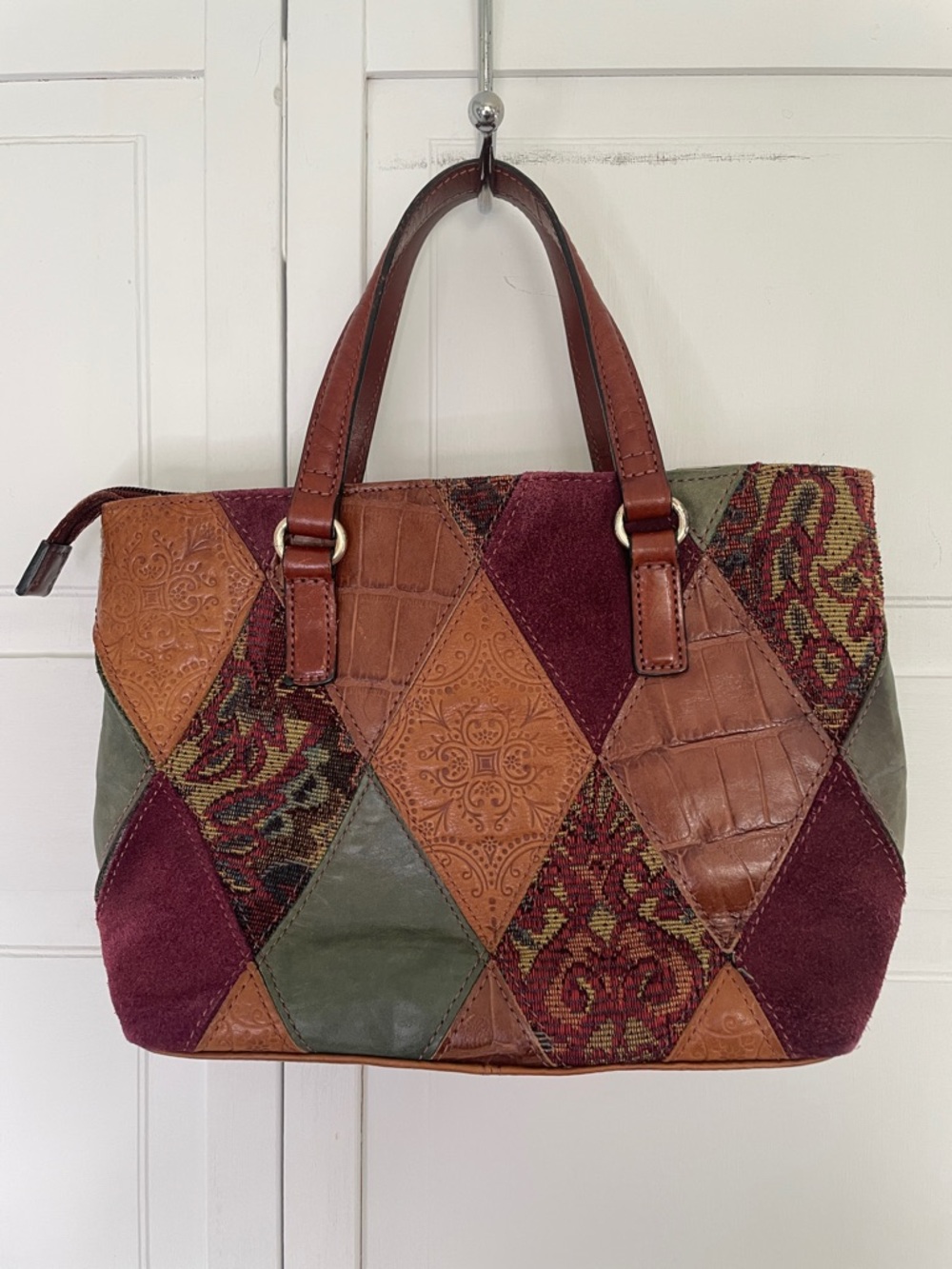 Fossil Boho Patchwork Mini Tote in Burgundy, Tan & Olive